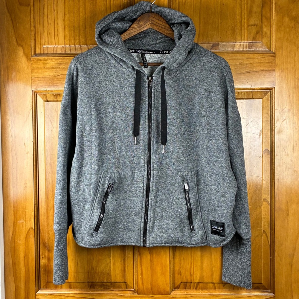 Calvin Klein Performance Womens Grey Full Zip Cropped Hoodie Sweatshirt Lg Logo